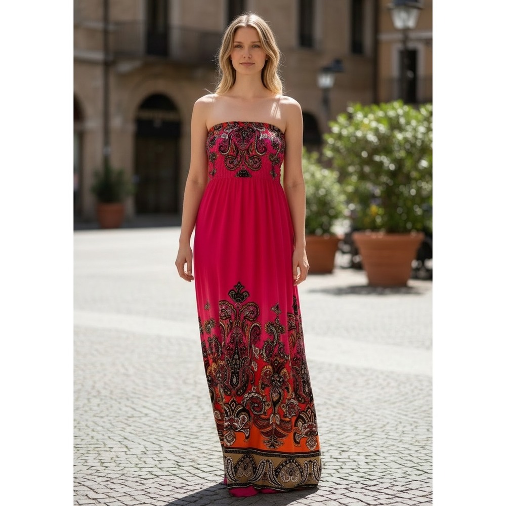 Bongo Womens Strapless Maxi‎ Dress Pink Orange Paisley Print Elastic Waist Small